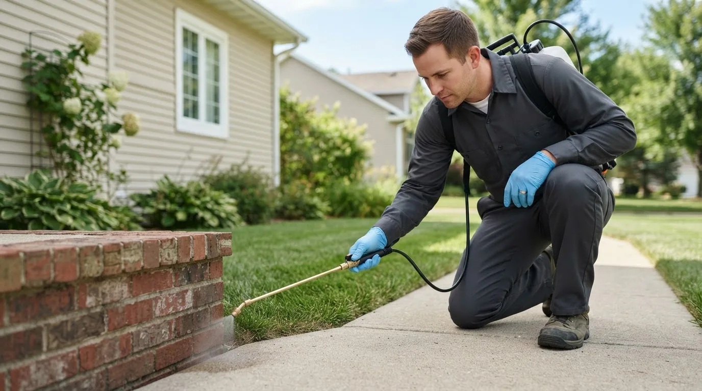 Pest control technician treating a home near Prospect, OH