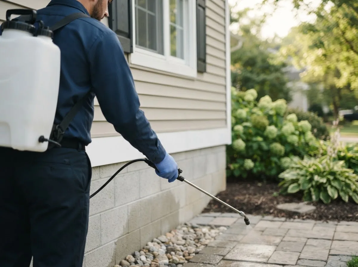 Pest control technician inspecting a home in Prospect, OH